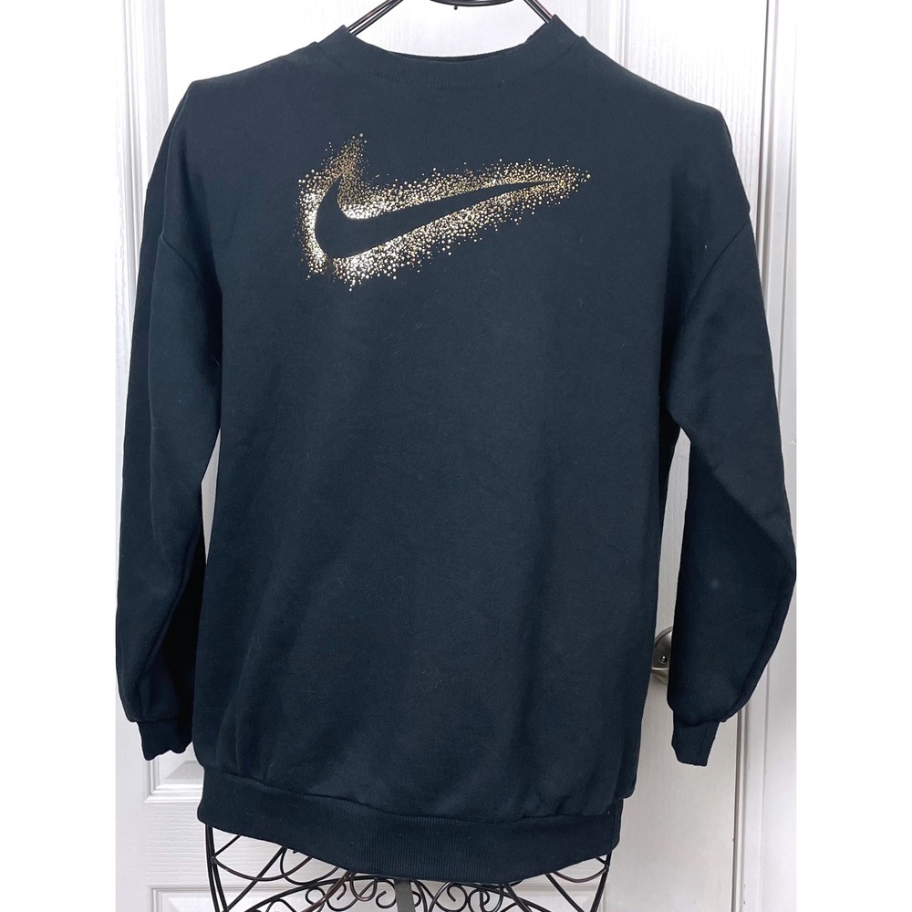 Nike Women's Crewneck Sweatshirt Black Gold Glitter Swoosh Logo Sparkle Size XL